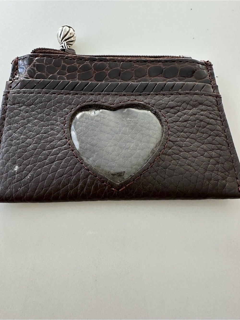 Heart Window Leather Card Wallet - Dark Brown